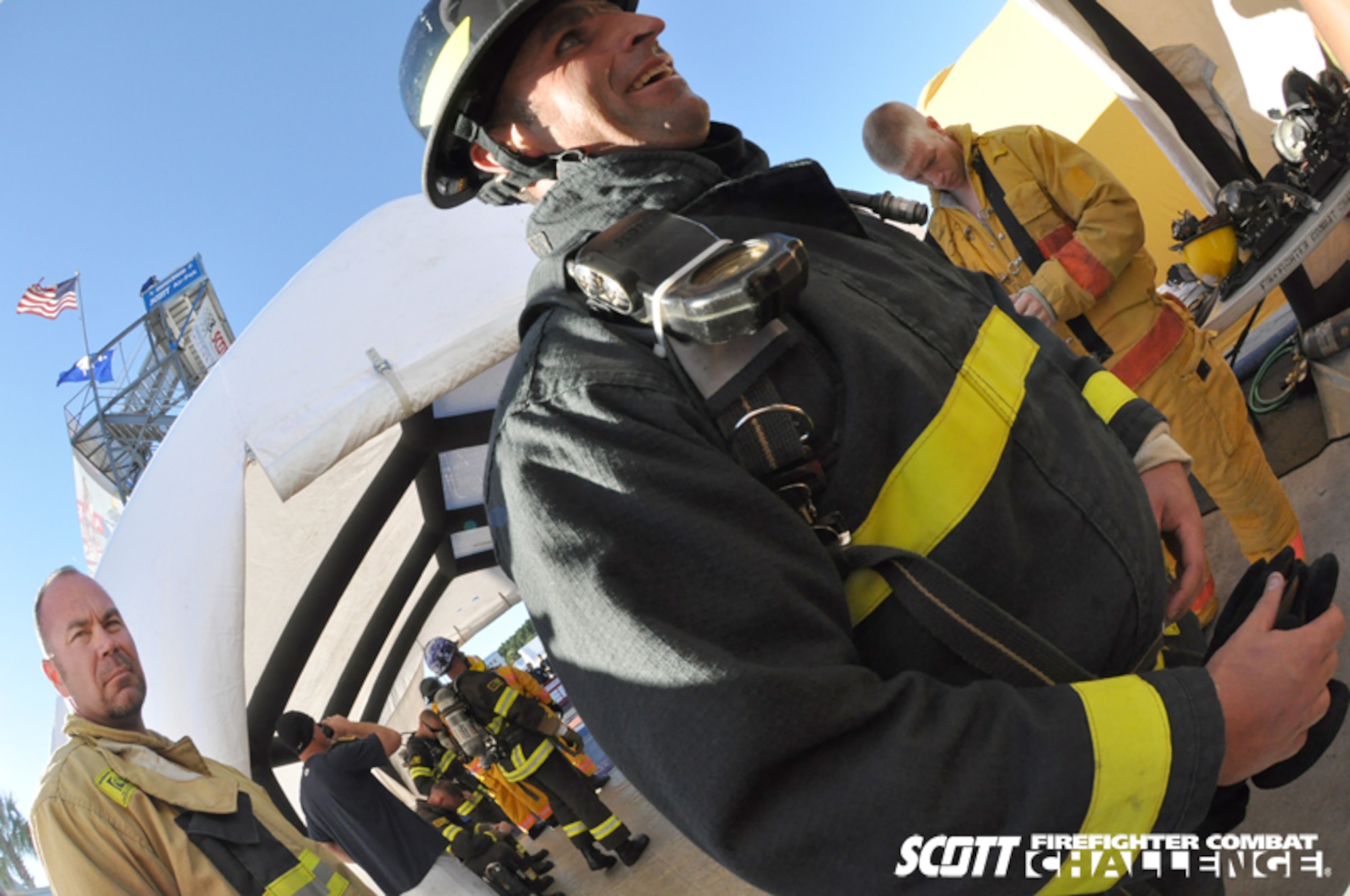 MYRTLE BEACH, S.C. -- SAMS squad team member, Army Staff Sgt. Shawn Beasley, an instructor at Louis F. Garland Department of Defense Fire Academy at Goodfellow, gets ready to compete at the 2010 Scott Firefighter Combat Challenge World Challenge XIX held Nov. 8-13.  (Courstey photo)