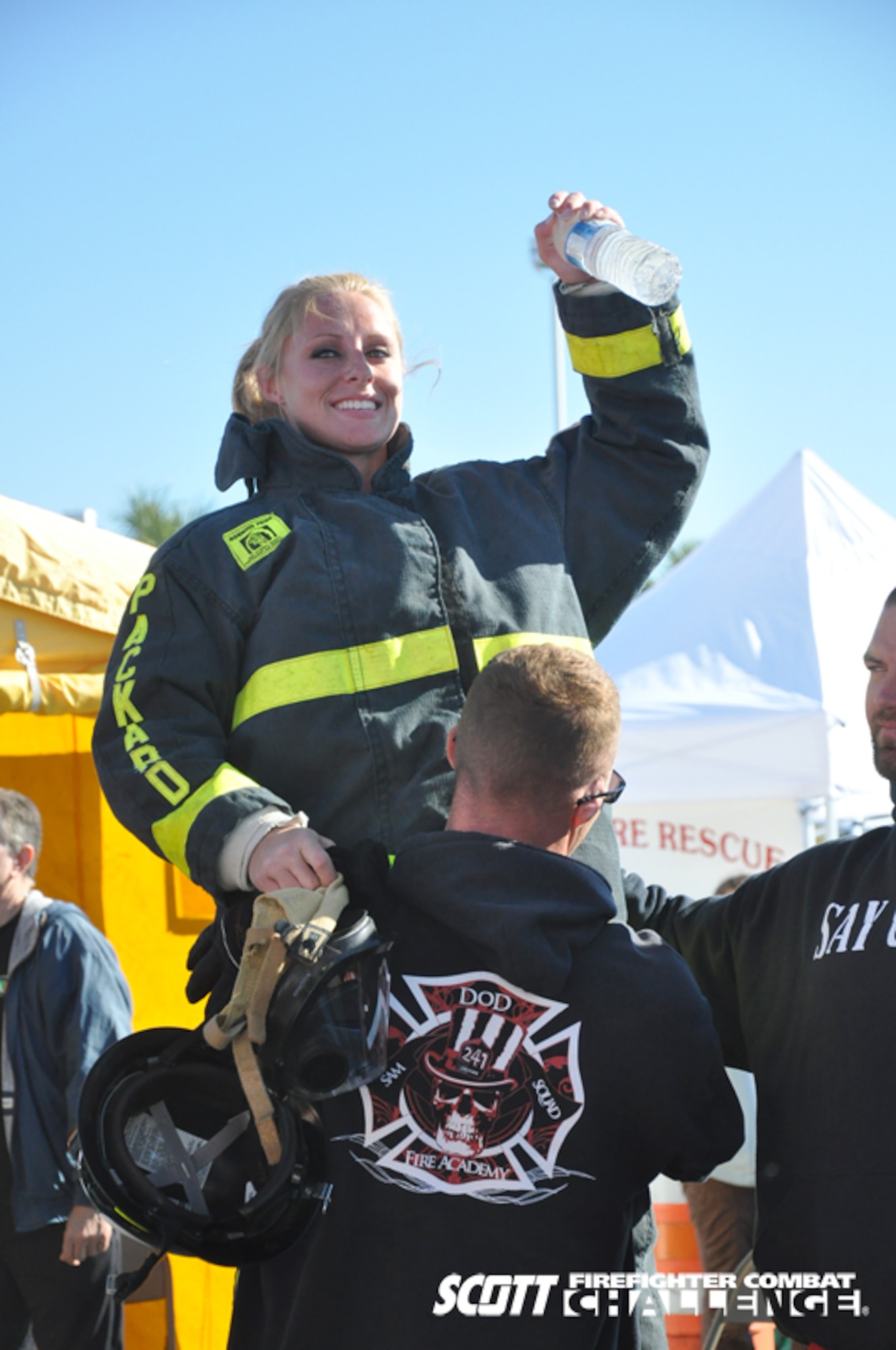 MYRTLE BEACH, S.C. -- SAMS squad member, Tech. Sgt. Jessica Packard, 312th Training Squadron Louis F. Garland Department of Defense Fire Academy instructor, comes came home a world champion from the 2010 Scott Firefighter Combat Challenge World Challenge XIX held Nov. 8-13.  Sergeant Parckard took the top spot in the female division by completing the five-task obstacle course in 2:31.69.  (Courstey photo)