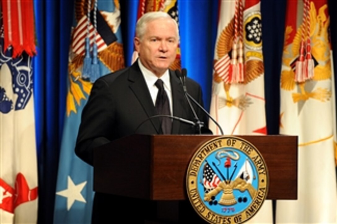 Secretary of Defense Robert M. Gates addresses the audience during an induction ceremony into the Hall of Heroes for Medal of Honor recipient Army Staff Sgt. Salvatore Giunta in the Pentagon on Nov. 17, 2010.  Giunta, the first living Medal of Honor recipient since the Vietnam War, received the nation's highest military honor for his actions of valor during an enemy attack in the Korengal Valley of Afghanistan in October 2007 when he risked his life to save the lives of his fellow soldiers.  