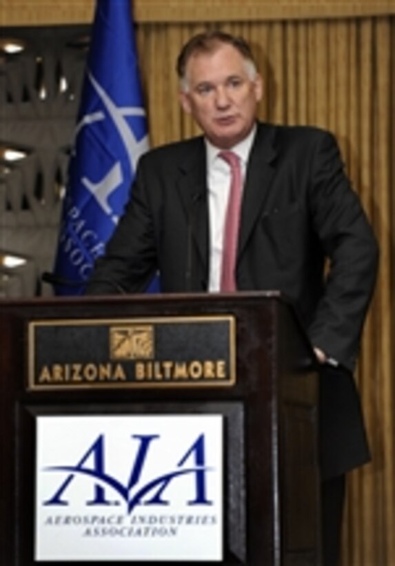Deputy Secretary of Defense William J. Lynn III gives his remarks to members of the Aerospace Industries Association during a board meeting in Phoenix, Ariz., on Nov. 17, 2010.  