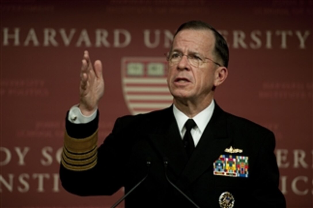 Chairman of the Joint Chiefs of Staff Adm. Mike Mullen, U.S. Navy, addresses the John F. Kennedy School of Government at Harvard University in Cambridge, Mass., on Nov. 17, 2010.  