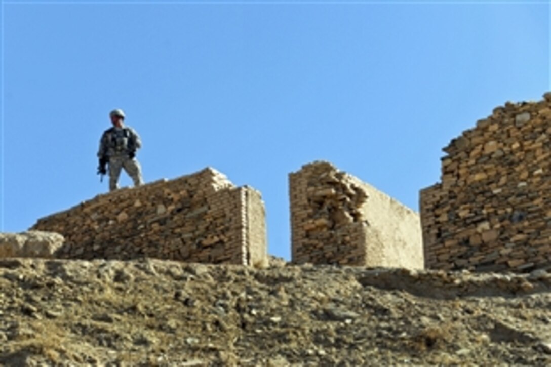 U.S. Army Staff Sgt. Jorge Solano stands guard during a visit to Tepe Sardar, Afghanistan's unique monument of sacred architecture, outside Ghazni City, Afghanistan, Nov. 17, 2010. The circa fifth- to eighth-century complex boasts ruins of a Buddhist stupa, monastery, shrines and Hindu chapel.