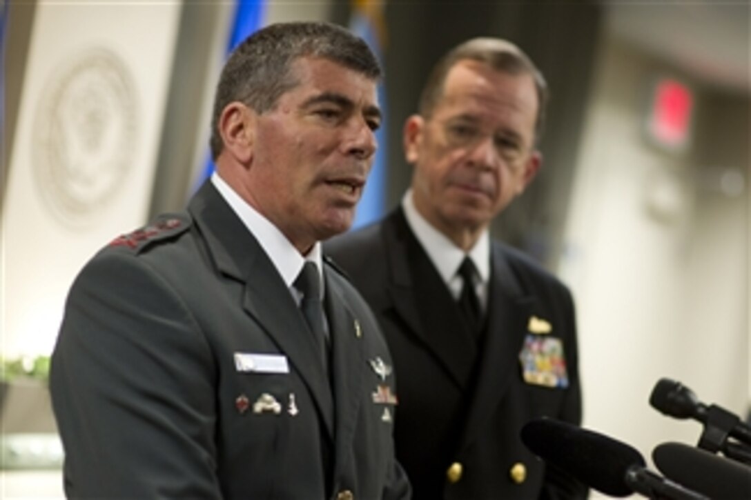 Chairman of the Joint Chiefs of Staff Adm. Mike Mullen, U.S. Navy, and Israeli Chief of Defense Lt. Gen. Gabi Ashkenazi address the media during a press availability in the Pentagon on Nov. 17, 2010.  