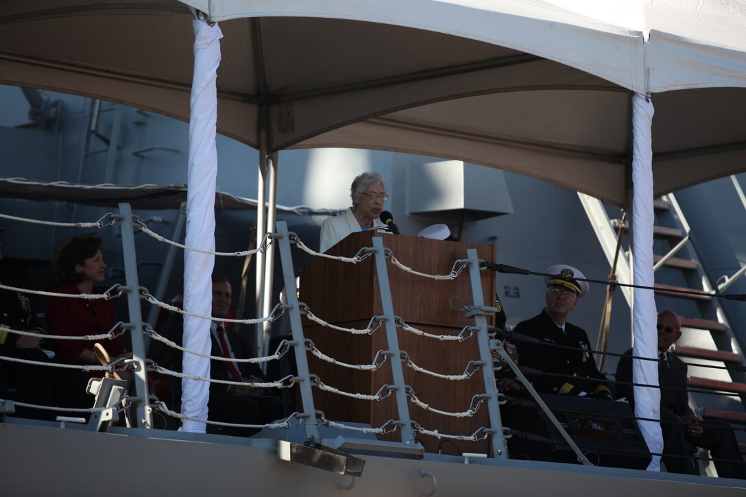 Alma Bernice Clark Gravely, widow of Vice Adm. Samuel L. Gravely, addresses thousands of service members, families and friends at the commissioning ceremony of the USS Gravely at the State Ports in Wilmington, N.C., Nov. 20. Alma is the sponsor of the ship, which was named after her late husband who was a man of ‘firsts’: the first African-American to command a U.S. Navy warship, first to command a navy warship in combat, first to be promoted to flag rank, first to rise to the rank of vice admiral and the first to command a U.S. fleet.