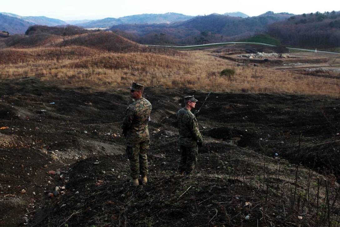2nd Lt. Kyle D. Antonitis, left, and 1st Lt. Matthew M. Browning, right, survey the impact zone at Camp Sendai, Japan, Nov. 20, in the Ojojihara Maneuver Area during Artillery Relocation Training Exercise 10-3 Ojojihara. Surveying was being conducted to ensure the targets will be visible from observation posts. Antonitis is the 2nd gun platoon commander for Battery B, 3rd Battalion, 12th Marine Regiment, 3rd Marine Division, III Marine Expeditionary Force and Browning is the executive officer of Battery B.  3rd Bn., 12th Marines is conducting live-fire artillery training to maintain operational readiness of the artillery battalion in support of the U.S. – Japanese security alliance. (Official Marine Corps photo by Lance Cpl. Garry J. Welch)