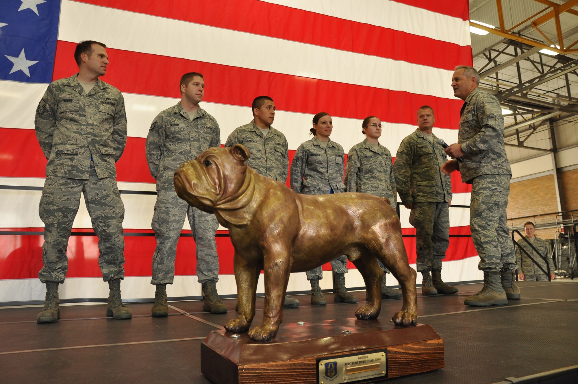Members of the 934th Airlift Wing Arial port Squadron are recognized for Wining the first DAWGS competition at Dobbins ARB Gerorgia. (Air Force Photo/TSgt Bob Sommer)