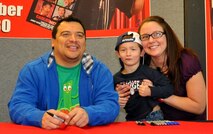 JOINT BASE LEWIS MCCHORD, Wash.- Actor and comedian, Carlos Mencia, of Comedy Central's "Mind of Mencia", takes the time to meet and greet military and family members at the Lewis-Main Post Exchange, Nov. 19. This was just one stop for his Air Force Reserve sponsored, "Tour for the Troops" before giving a stand-up performance at McChord Field. (U.S. Air Force photo/Master Sgt. Jake Chappelle)