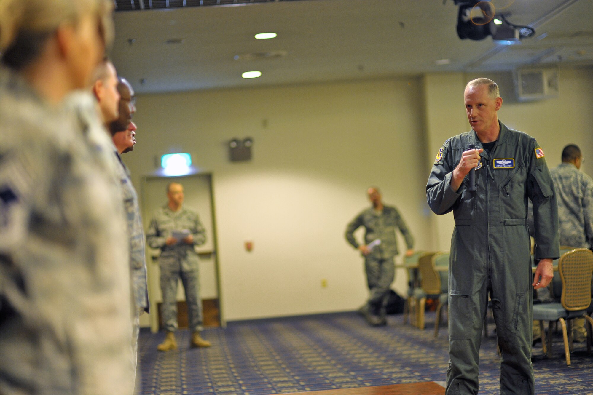 YOKOTA AIR BASE, Japan -- Colonel Otto Feather, 374th Airlift Wing commander, gives closing remarks during the wing's Chief Master Sgt. Promotion Selection Celebration here Nov. 19. (U.S. Air Force photo/Osakabe Yasuo)