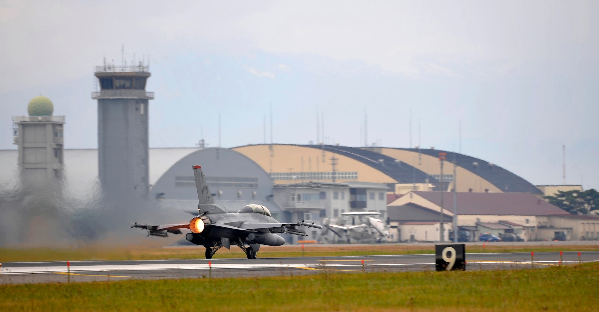 An F-16 Fighting Falcon takes off at Misawa Air Base, Japan, Nov. 19, 2010. Pilots use the F-16's afterburner, delivering approximately 27,000 pounds of thrust. (U.S. Air Force photo by Staff Sgt. Chad C. Strohmeyer/Released)