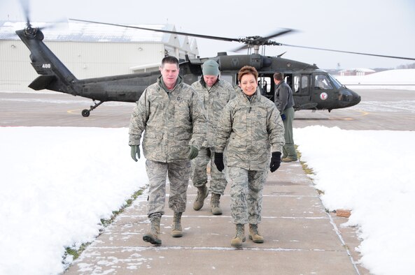 National Guard Bureau Command Chief Master Sgt. Denise Jelinski-Hall arrives at the 148th Fighter Wing on Nov. 20, 2010 in Duluth, Minn.  Chief Master Sgt. Denise Jelinski Hall came to the 148th FW to host an Airmens Call where she covered subjects such as suicide prevention and the importance family, friends and civilian employers have to the Naional Guard mission.  (U.S. Air Force photo by Staff Sgt. Donald Acton)