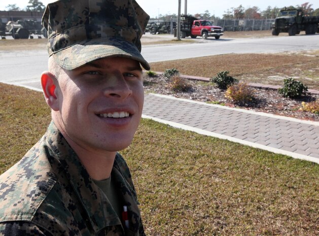 Lance Cpl. Charles Taylor, a ground radio repairman with 2nd Maintenance Battalion, Combat Logistics Regiment 25, 2nd Marine Logistics Group, poises for a photo aboard Camp Lejeune, N.C., Nov. 22, 2010. Some of Taylor’s hobbies are playing Halo, watching movies and working out at the gym with his wife. (U.S. Marine Corps photo by Pfc. Franklin E. Mercado)