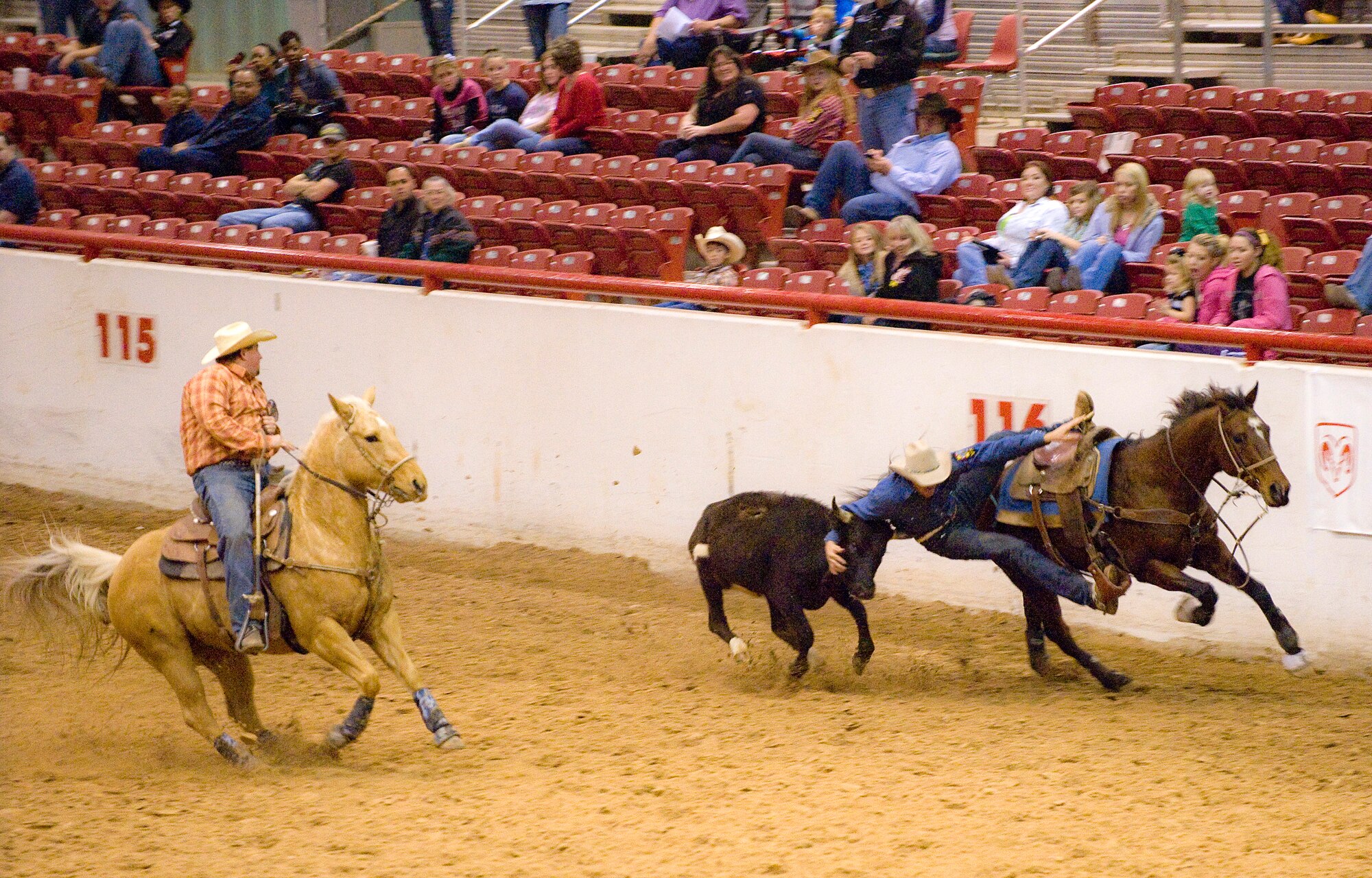 Master Sgt. Travis Beck reaches for his steer during the steer wrestling competition at the Professional Armed Forces Rodeo Associations World Finals Nov. 20, 2010, in Glen Rose, Texas. Sergeant Beck is assigned to Travis Air Force Base, Calif. and earned first place in the Men's All-Around taking top honors of the rodeo. (U.S. Air Force photo/Master Sgt. Jack Braden)