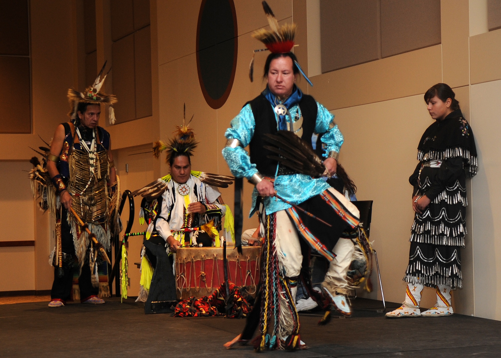 Buckley Air Force Base, Colo.-  Dancers from the Denver Indian Center's dance Troupe perform for Team Buckley at the LDC during Native American Heritage month.   ( U.S. Air Force Photo by Airman 1st Class Marcy Glass )


