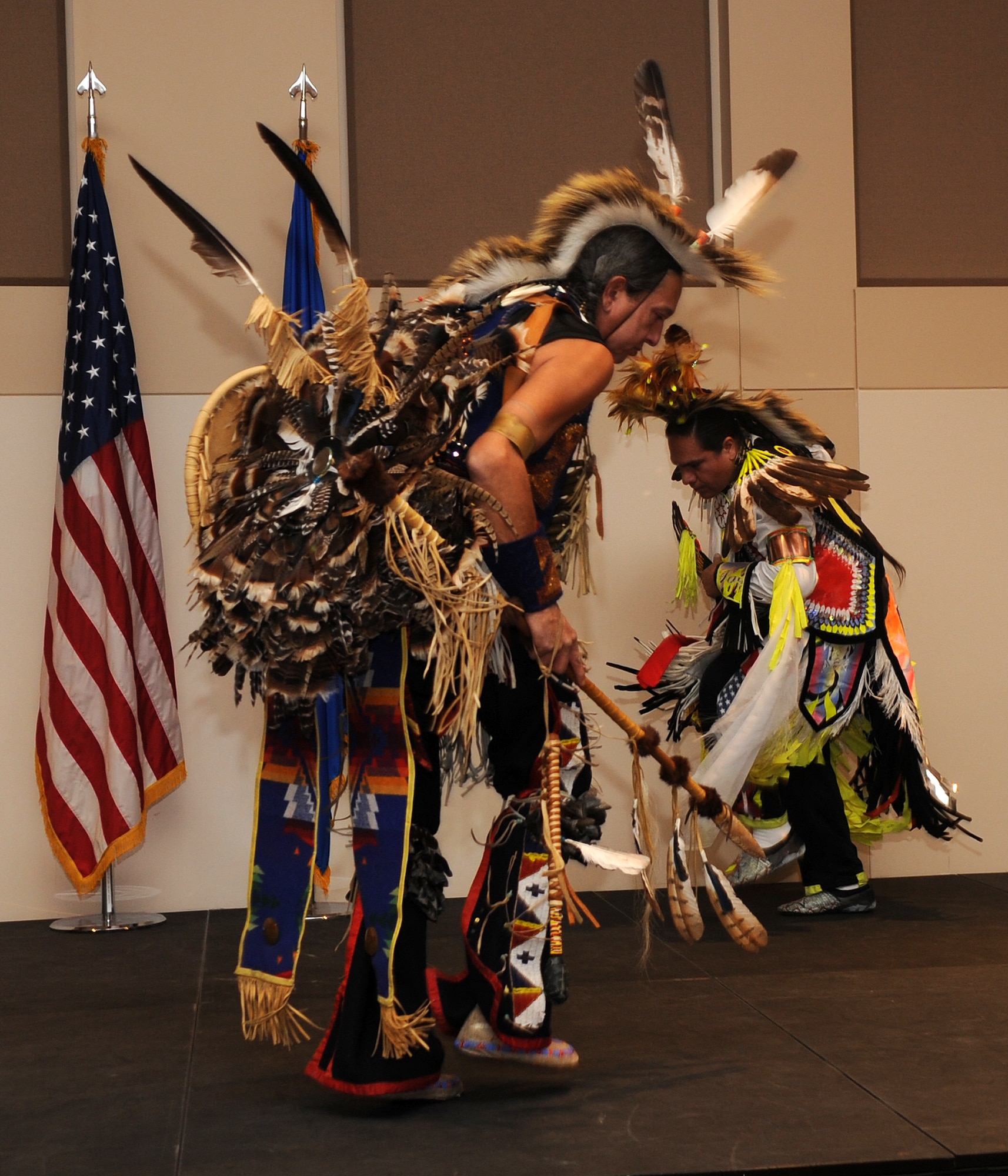 Buckley Air Force Base, Colo.-  Dancers from the Denver Indian Center,  representing both Northern and Southern Lakota Sioux tribe and Eastern Shawnee tribe performed the Southern Straight Dance.   ( U.S. Air Force Photo by Airman 1st Class Marcy Glass )


