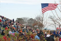 A crowd at Waterfront Park in Plymouth, Mass., awaits a C-5 flyover from Westover, marking the beginning of America's Hometown Thanksgiving Parade Nov. 20.  Officials estimated the crowd numbered more than 175,000. (US Air Force photo/Lt. Col. James Bishop)
