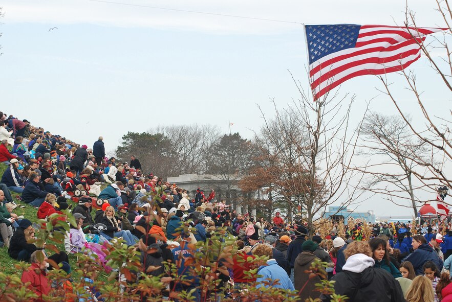 A crowd at Waterfront Park in Plymouth, Mass., awaits a C-5 flyover from Westover, marking the beginning of America's Hometown Thanksgiving Parade Nov. 20.  Officials estimated the crowd numbered more than 175,000. (US Air Force photo/Lt. Col. James Bishop)
