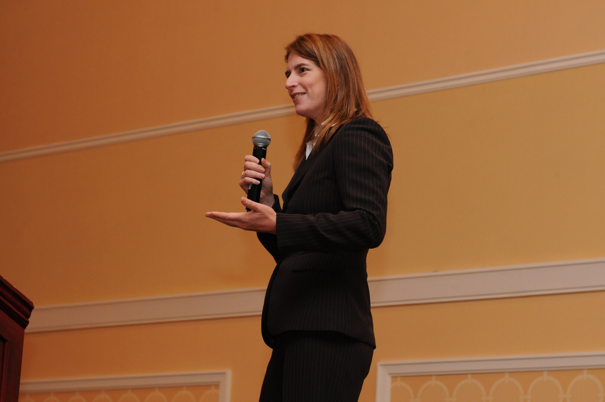 NATIONAL HARBOR, Md. -- Lt. Col. Kimberly Ponders, former military aircrew weapons controller and speechwriter for Lt. Gen. John A. Bradley, Chief of the Air Force Reserve, speaks to a group of 459th Air Refueling Wing Airmen and their family members during the Yellow Ribbon event at the Gaylord National Hotel and Convention center Nov. 20. The three-day event provided 459 ARW servicemembers who recently returned from deployments with information about reintegrating back into civilian and family life. (U.S. Air Force photo/Tech. Sgt. Steve Lewis)