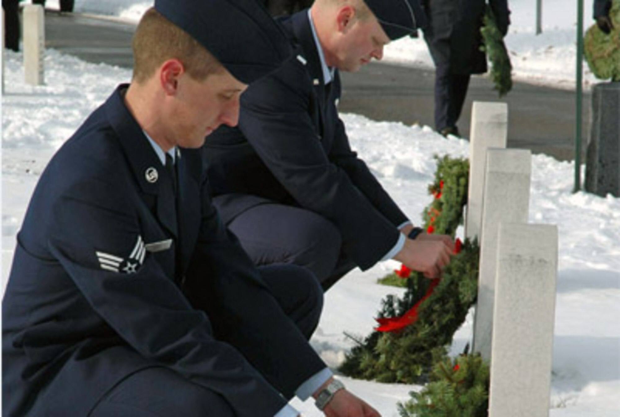Wreath laying ceremonies, like the one shown here, are scheduled at locations across America to honor those veterans who have made the ultimate sacrifice. A special ceremony will be held at Section 60 of Arlington National Cemetery to honor servicemembers who died while serving in Iraq and Afghanistan.(U.S. Air Force photo/Capt. S.J. Brown) 