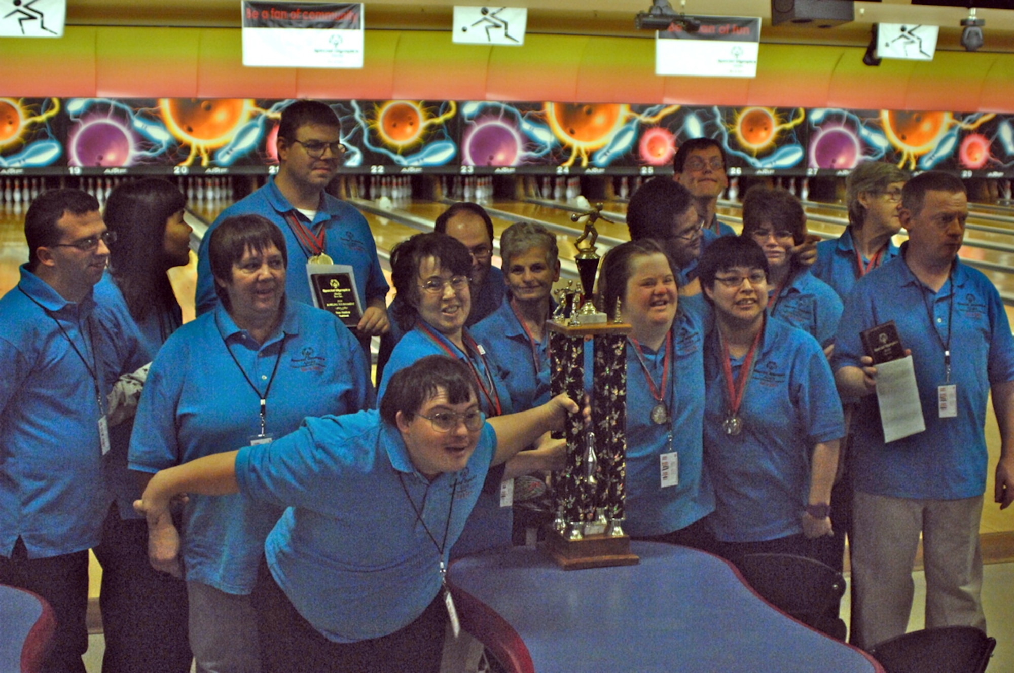 The Central Peninsula Tigers celebrate their accomplishments at the conclusion of the Special Olympics 2010 State Bowling Tournament at Joint Base Elmendorf-Richardson’s Polar Bowl, Nov. 21. Approximately 240 athletes from across the state participated in this year’s tournament. (U.S. Air Force photo/A1C Jack Sanders)