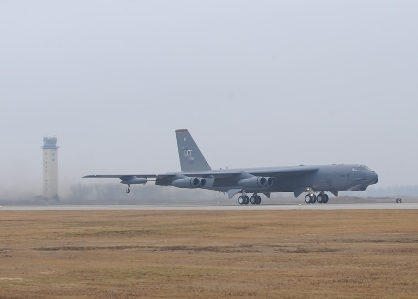 MINOT AIR FORCE BASE, N.D. -- A B-52H Stratofortress takes off here in support of the 5th Bomb Wing's support of U.S. Pacific Command’s Continuous Bomber Presence at Andersen AFB, Guam. This will be the first time the 69th Bomb Squadron has deployed since standing up at Minot and the first time Minot has fulfilled a back-to-back deployment since the Vietnam War. (U.S. Air Force photo/Staff Sgt. Keith Ballard)