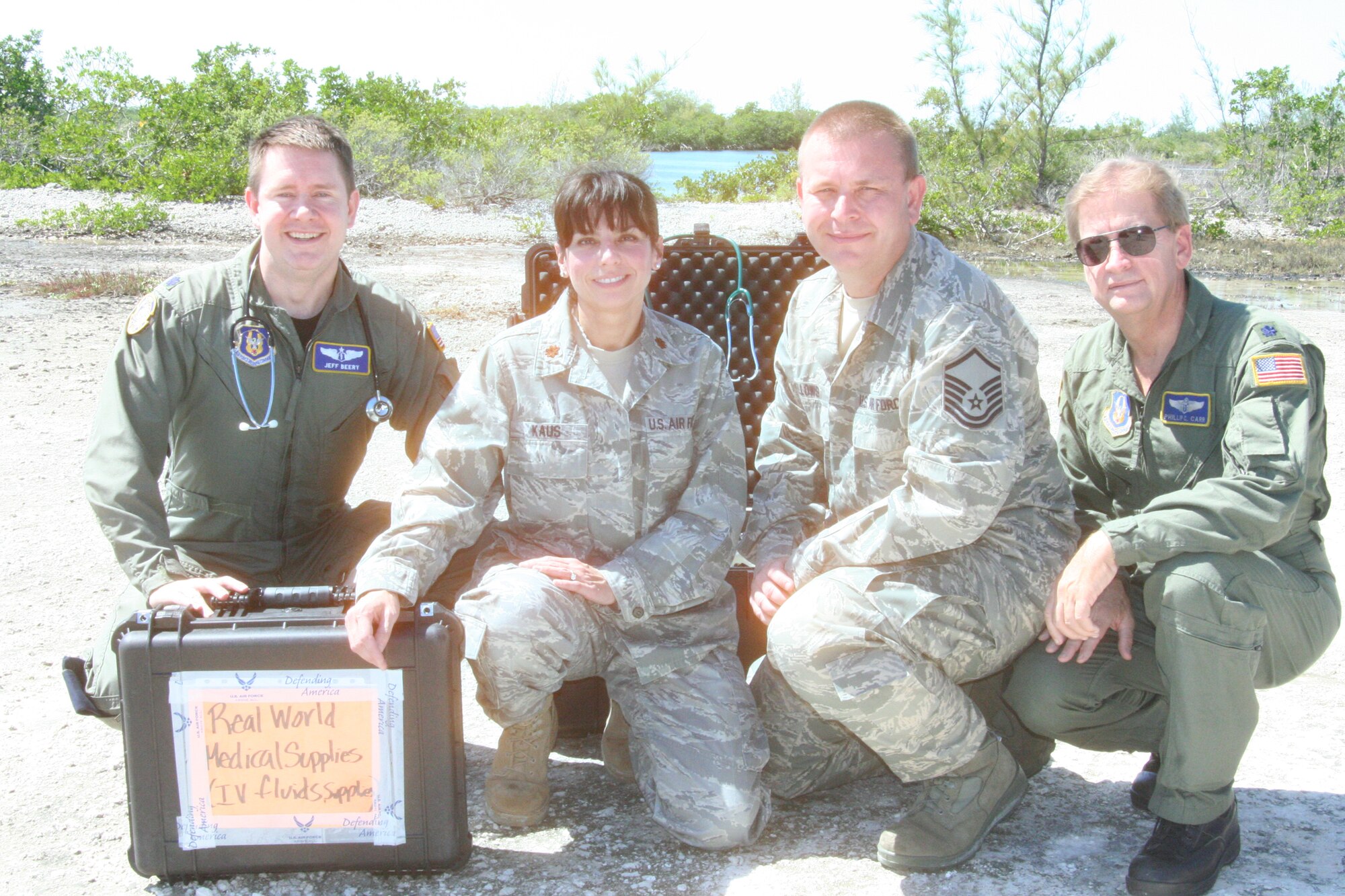 WRIGHT-PATTERSON AIR FORCE BASE, Ohio – Lt. Cols (Doctors) Philip Carr and Jeff Beery along with Maj. Anna Kaus, registered nurse, and Master Sgt. Mark Fellows, all from the 445th Aerospace Medicine Squadron, accompanied 445th Airlift Wing personnel for medical support during water survival and land evasion continuation training Oct. 14-15 at the Naval Air Station in Key West, Fla. (U.S. Air Force photo/Capt. Rodney McNany)