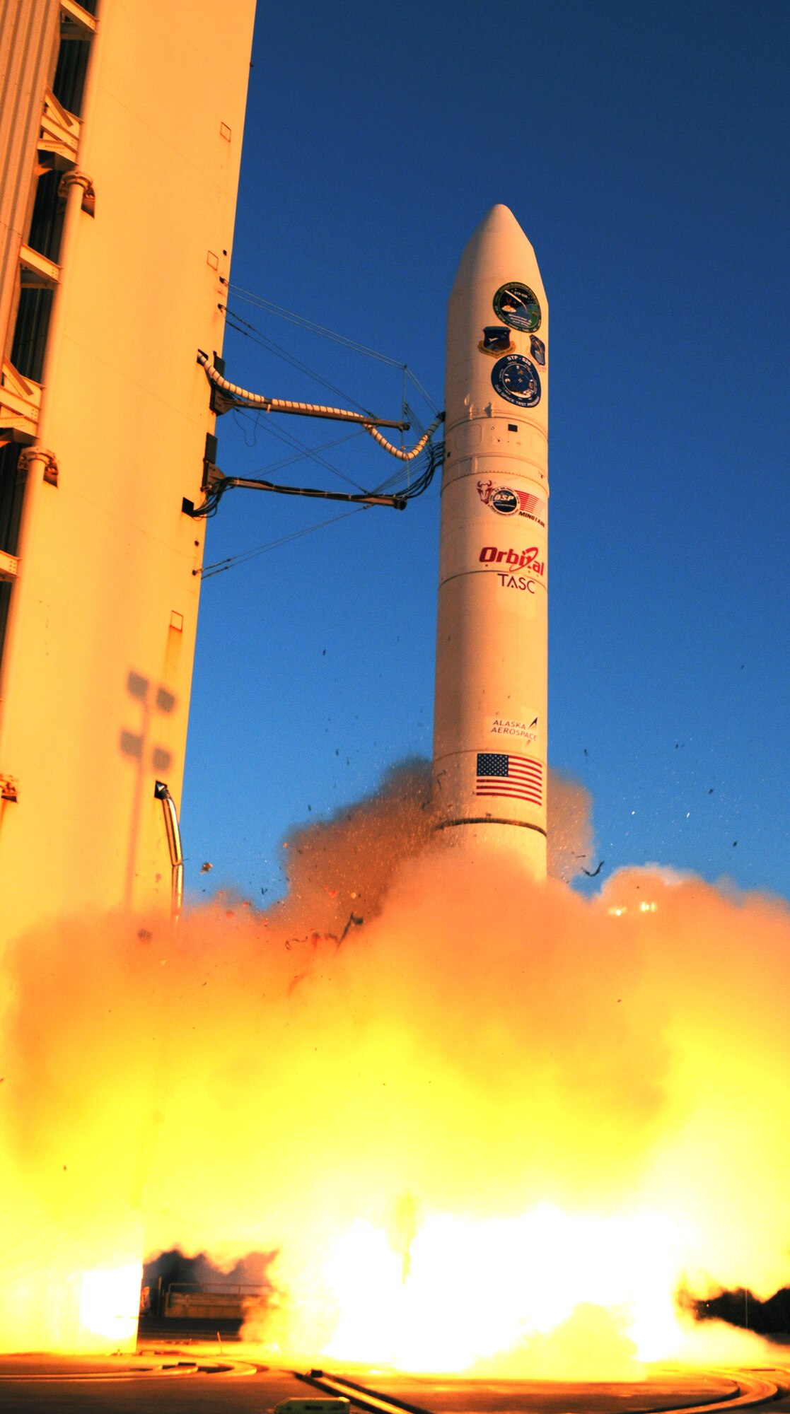 A rocket carrying FalconSAT-5 lifts off from Kodiak Launch Complex, Alaska, Nov. 19, 2010. FalconSAT-5 is an Air Force Academy satellite designed, built and tested by seniors in a capstone astronauticcs project. (U.S. Air Force photo)