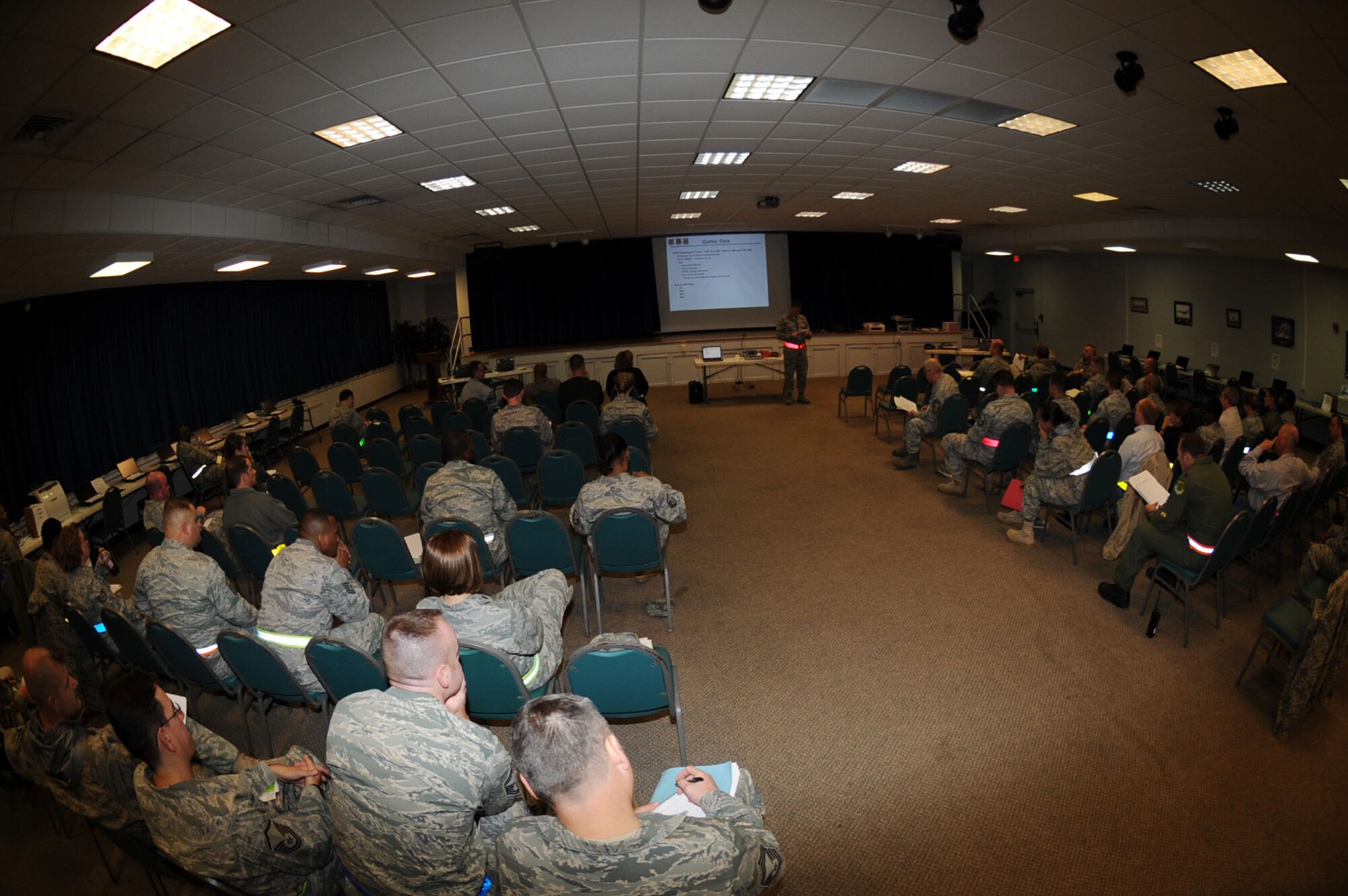 LANGLEY AIR FORCE BASE, Va. – A Wing Exercise Evaluation Team briefing takes place during a Phase I Operational Readiness Exercise Nov. 18. WEET members spent two days assessing the ability of the 633d Air Base Wing, 1st Fighter Wing and 192d Fighter Wing to deploy cargo, aircraft and Airmen within a limited timeframe. (U.S. Air Force photo/Senior Airman Brian Ybarbo)(RELEASED)