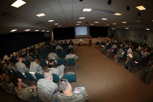 LANGLEY AIR FORCE BASE, Va. – A Wing Exercise Evaluation Team briefing takes place during a Phase I Operational Readiness Exercise Nov. 18. WEET members spent two days assessing the ability of the 633d Air Base Wing, 1st Fighter Wing and 192d Fighter Wing to deploy cargo, aircraft and Airmen within a limited timeframe. (U.S. Air Force photo/Senior Airman Brian Ybarbo)(RELEASED)