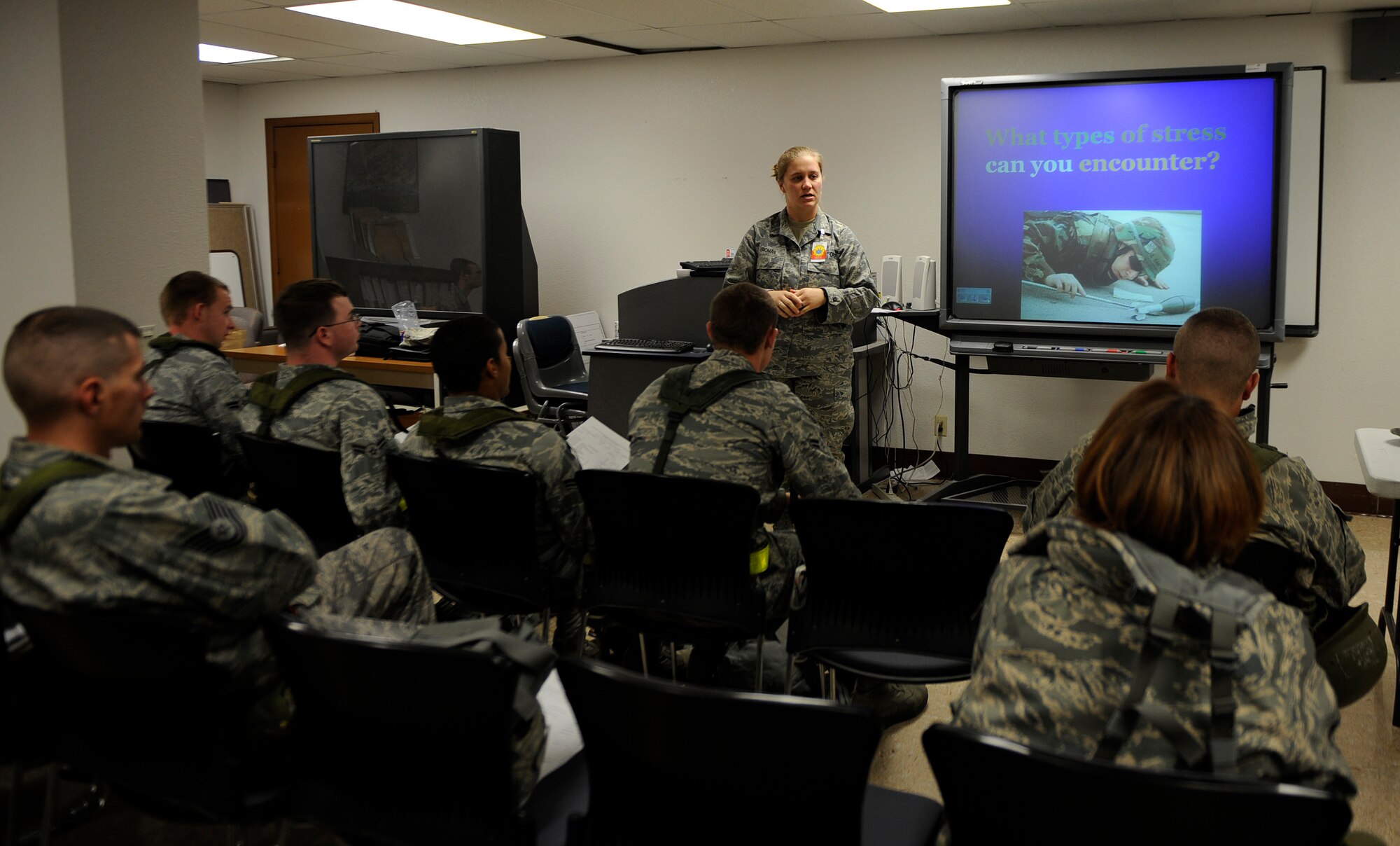 MOUNTAIN HOME AIR FORCE BASE, Idaho -- Senior Airman Amanda Froman, 366th Medical Operations Squadron, gives a brief on stress while in a deployed location during a phase I operational readiness exercise Nov. 22. The wing uses OREs to gauge its ability to meet wartime taskings at a deployed location. The evaluation includes initial response, readiness, combat operations, ability to survive and operate, self aid and buddy care and mission support. (U.S. Air Force photo by Senior Airman Renishia Richardson)
