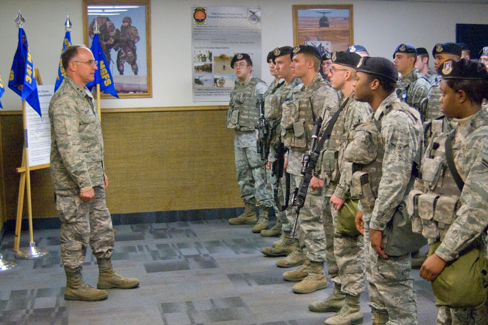 Maj. Gen. David Scott, the Air Force A5, spoke with security forces Airmen during guardmount Nov. 23. The general also made a stop at the operations group predeparture briefing prior to this. General Scott was at Malmstrom for an orientation visit. (U.S. Air Force photo/Beau Wade)