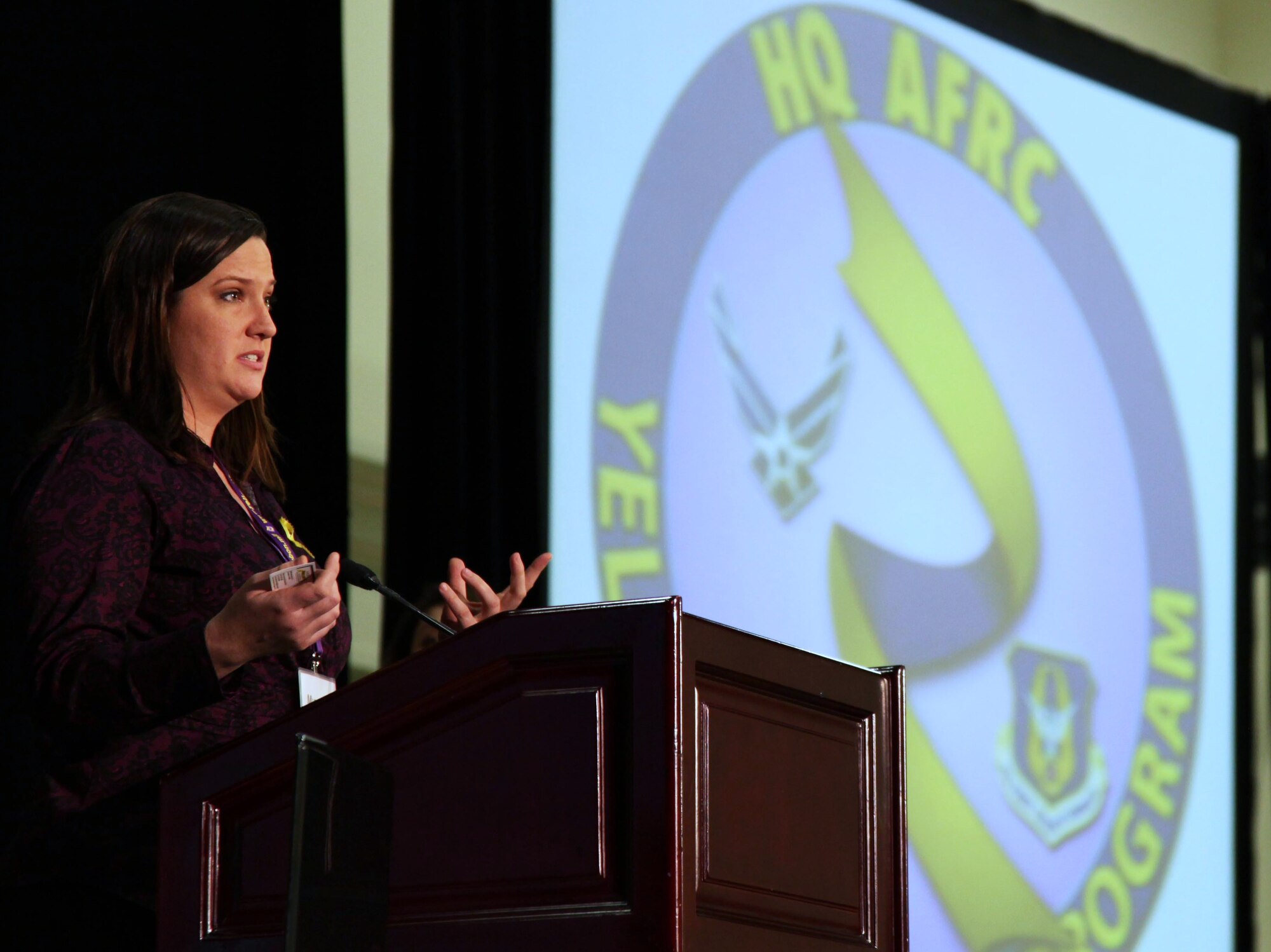 A Yellow Ribbon representative from the 940th Wing, Beale Air Force Base, Calif., explains the purpose of the program to attendees at the Yellow Ribbon Conference in San Diego, Calif., Nov. 12, 2010.  The event’s purpose was to inform Reservists and their families of benefits before, during and after deployments. (U.S. Air Force photo/ Tech. Sgt. Kenneth McCann)