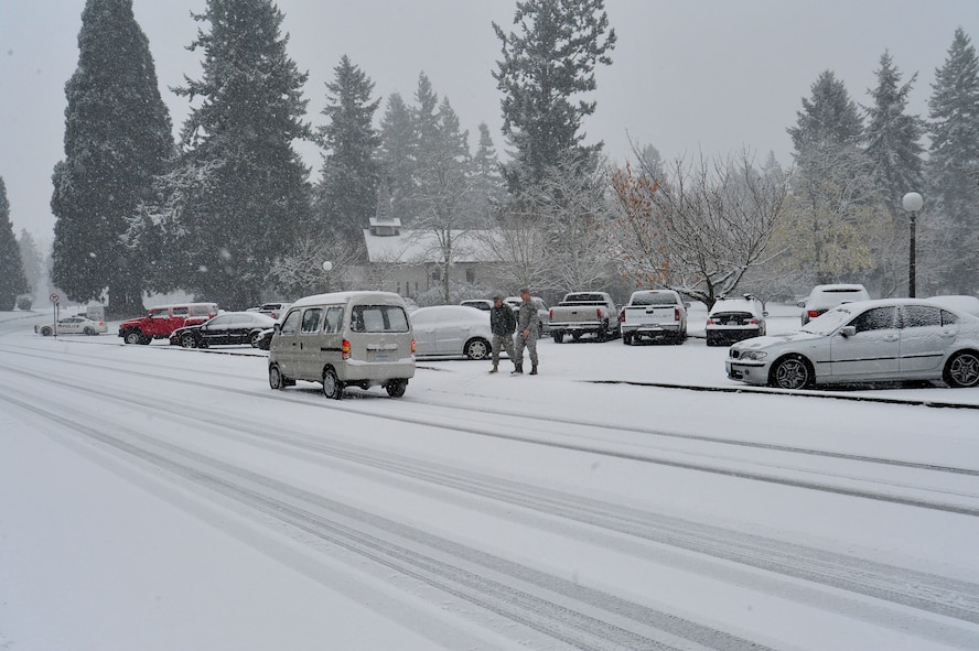 Air Force officials remind all Airmen to be safe when driving this winter season. Here, the first snowfall of the season is shown Nov. 22, 2010, when more than two inches of snow collected on McChord Field, Joint Base Lewis-McChord, Wash. (U.S. Air Force Photo/Adamarie Lewis-Page) 