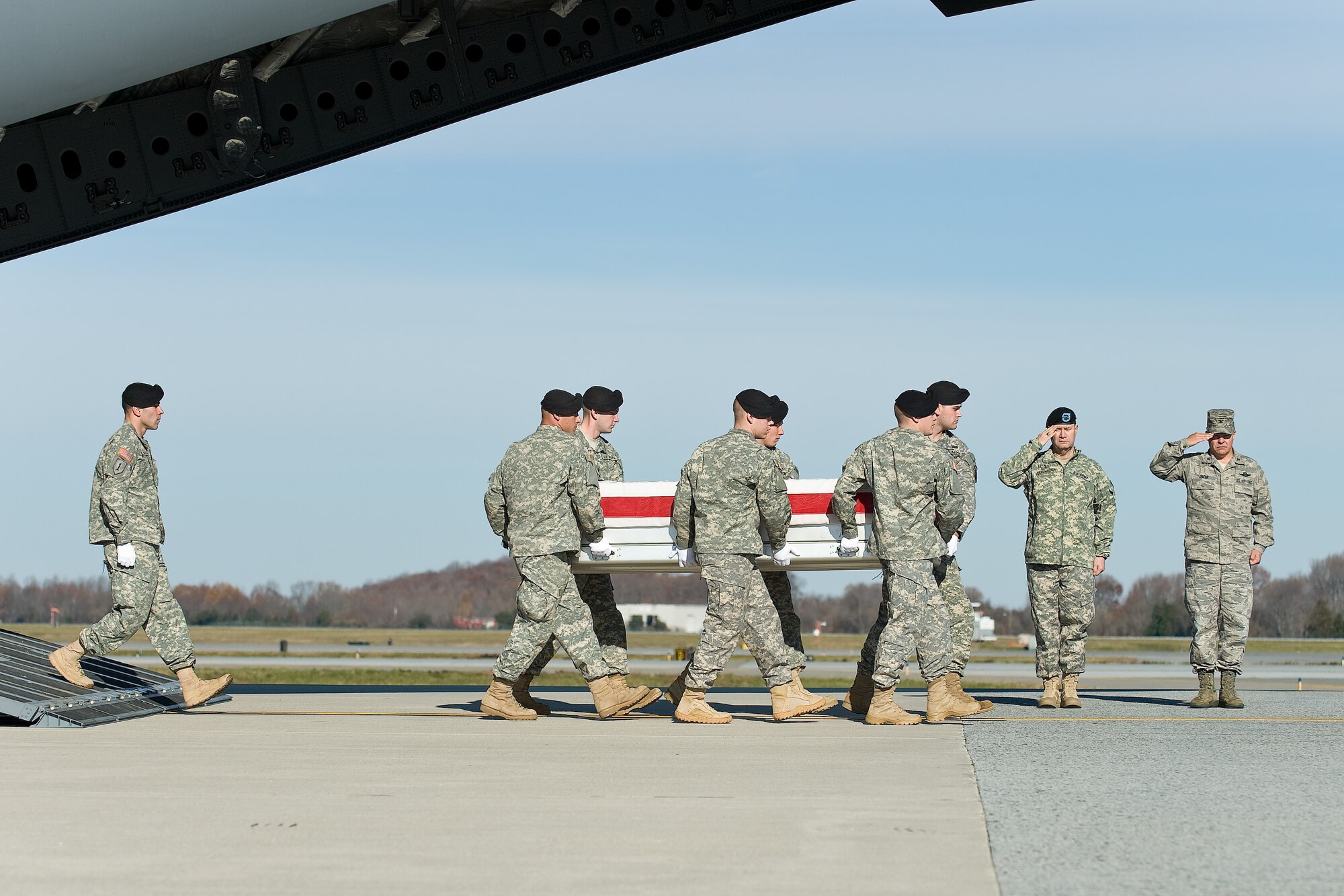 A U.S. Army carry team transfers the remains of Army Spc. William K. Middleton, of Norfolk, Va., at Dover Air Force Base, Del., Nov. 24, 2010. Spc. Middleton was assigned to the 2nd Battalion, 502nd Infantry Regiment, 2nd Brigade Combat Team, 101st Airborne Division (Air Assault), Fort Campbell, Ky. (U.S. Air Force photo/Roland Balik)