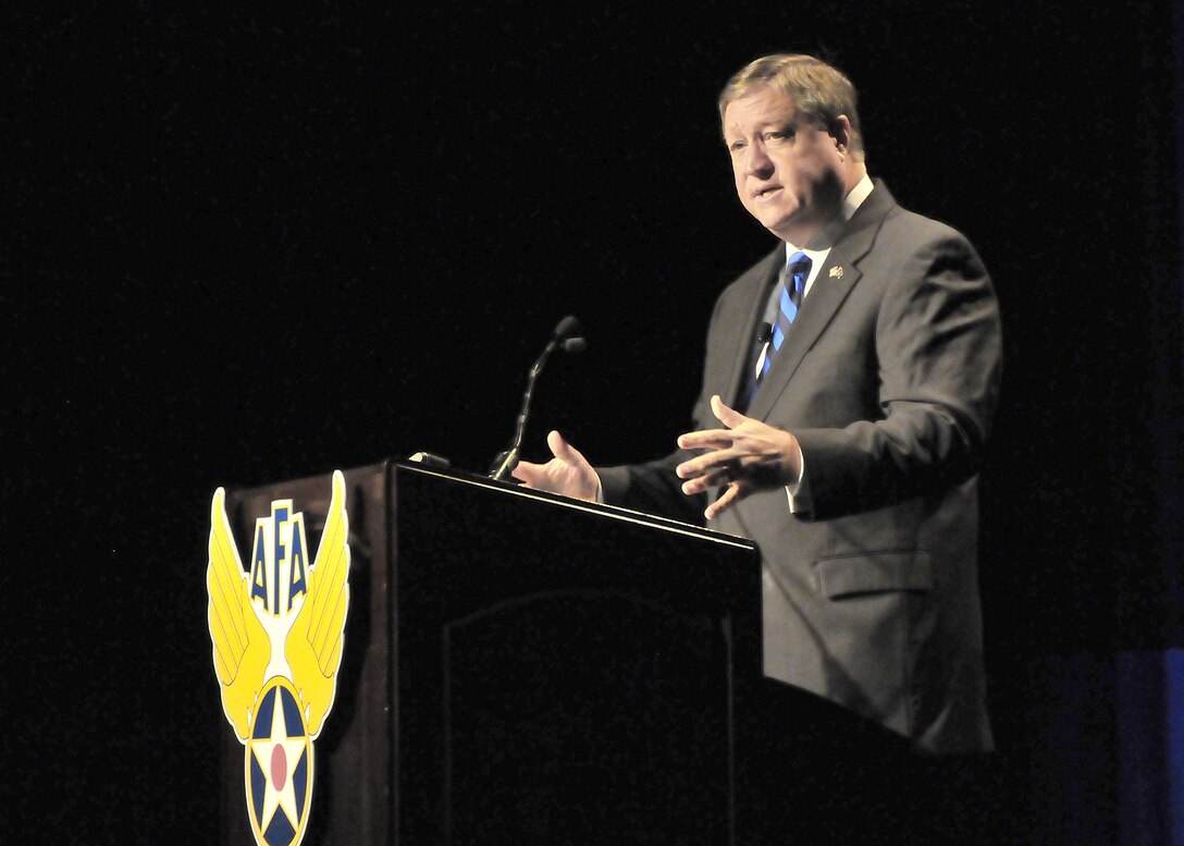 Secretary of the Air Force Michael Donley speaks to attendees at the Air Force Association's 2010 Global Warfare Symposium Nov. 19, 2010, at the Beverly Hilton Hotel in Los Angeles. (U.S. Air Force photo/Lou Hernandez)

