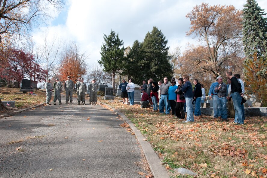 Members of the 139th Airlift Wing, Missouri Air National Guard, help clean up the Mount Mora historical cemetary on November 10, 2010. This is the third year that volunteers from the 139th have assisted with the efforts to clean up the cemetary where their founder, Col. John B. Logan is buried. (U.S. Air Force photo by Master Sgt. Shannon Bond/Released)