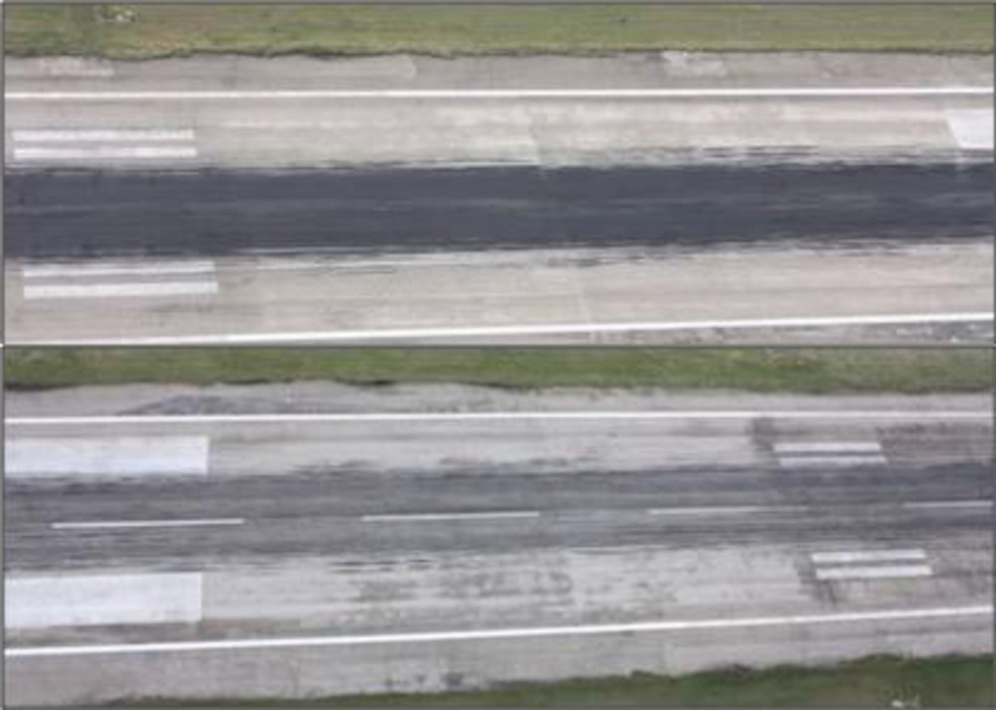 Pictured is the Port-au-Prince-based Toussaint Louverture International Airport runway before and after an AFRL team's removal of dangerous rubber buildup. (AFRL image)