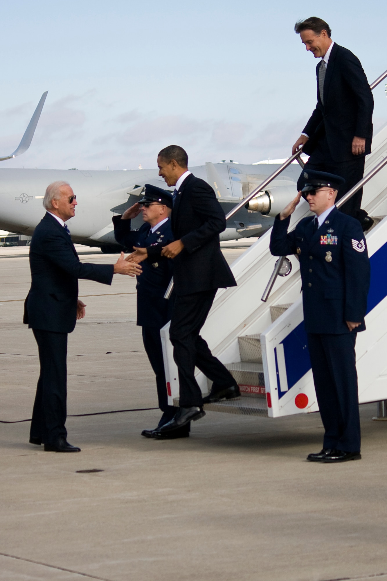 GRISSOM AIR RESERVE BASE, Ind. -- Vice President Joe Biden greets President Barack Obama as he gets off Air Force One at Grissom Nov. 23. Both President Obama and Vice President Biden arrived at Grissom shortly before heading to nearby Kokomo, Ind., to discuss the economy on their White House to Main Street tour. (U.S. Air Force photo/Tech. Sgt. Mark R. W. Orders-Woempner) 
