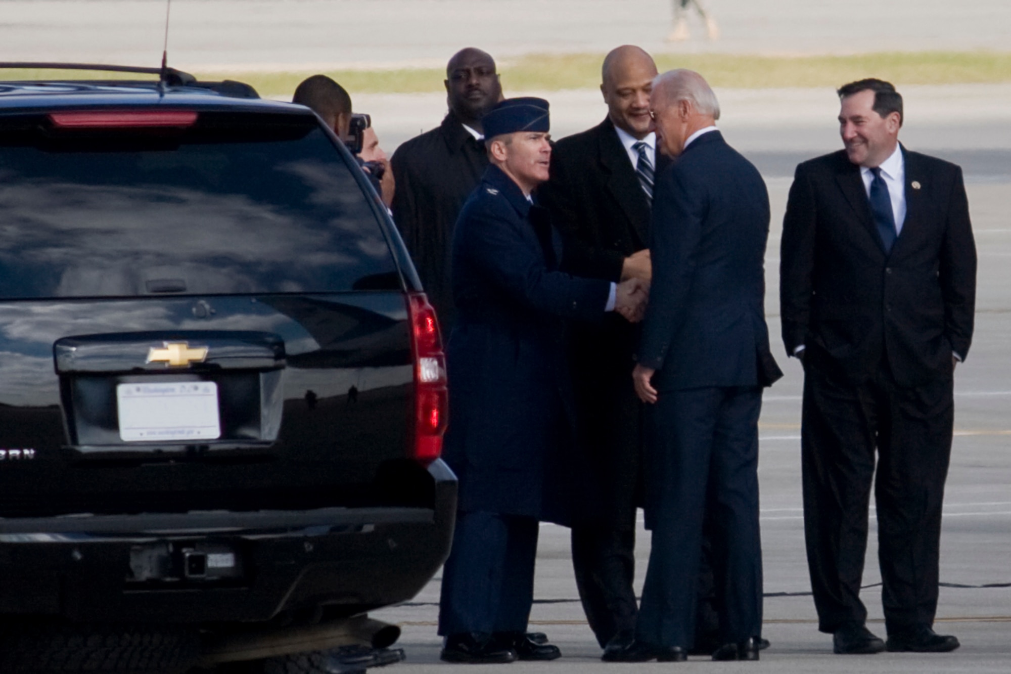 GRISSOM AIR RESERVE BASE, Ind. -- Col. William T. "Tim" Cahoon, 434th Air Refueling Wing commander, greets Vice President Joe Biden after the vice president arrived at Grissom Nov. 23. Vice President Biden arrived at Grissom shortly before President Barack Obama. Both the president and vice president then departed the base for nearby Kokomo, Ind., to discuss the economy on their White House to Main Street tour. (U.S. Air Force photo/Tech. Sgt. Mark R. W. Orders-Woempner) 
