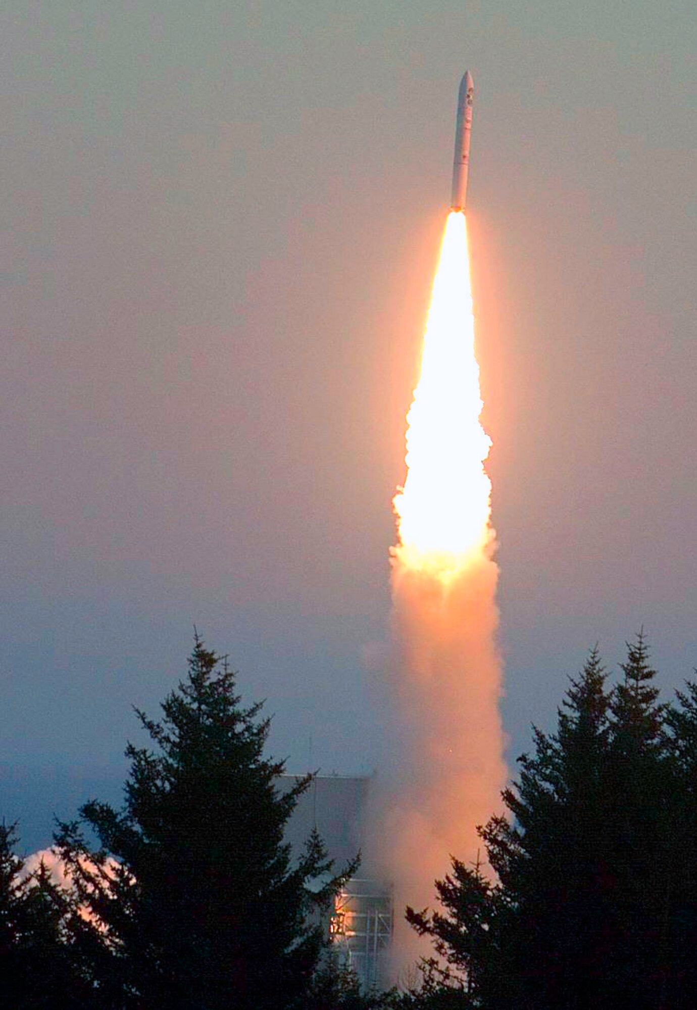 A rocket carrying the Air Force Academy's FalconSAT-5 satellite lifts off Nov. 19, 2010, from the Kodiak Launch Complex in Alaska. FalconSAT is a capstone program that allows Academy cadets to design, build, test and operate a satellite. FalconSAT-5 carried Space Test Program payloads to measure measure the ionosphere and its effects on radio frequency signals. (U.S. Air Force photo/Col. Marty France)