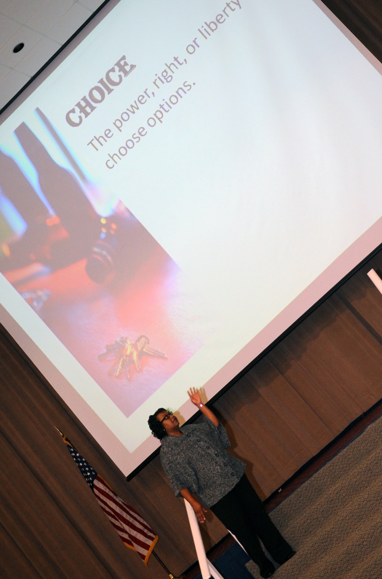 BARKSDALE AIR FORCE BASE, La. - Vanessa Braggs, member of Mothers Against Drunk Drivers, victim and survivor, speaks during the safety day briefing held at Hoban Hall, Nov. 24, on Barksdale Air Force Base La. Mrs. Braggs told her story of how three of her family members were taken away by an impaired driver. She emphasized that people?s choices and decisions not only hurt themselves but other people. Her main focus was how one should think about the decisions and choices they make. (U.S. Air Force photo/Senior Airman Alexandra M. Boutte)