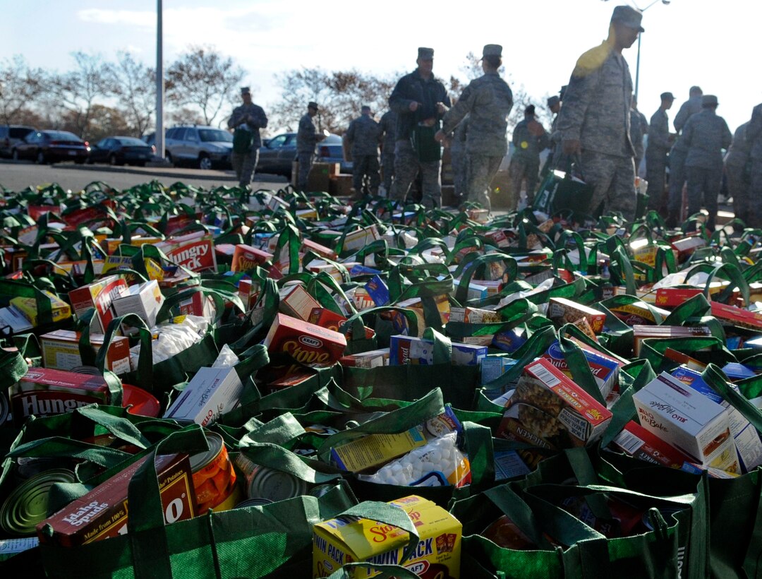 LANGLEY AIR FORCE BASE, Va. – Full bags of groceries sit in the commissary parking lot during the Operation Warm Heart basket build, Nov. 23. Operation Warm Heart receives, manages and distributes charitable funds to Langley Air Force Base families. This year’s basket build up directly contributed more than 400 baskets of complete Thanksgiving meals for Airmen and their families that could use help during the holidays. (U.S. Air Force photo/Staff Sgt. Dana Hill) (RELEASED) 