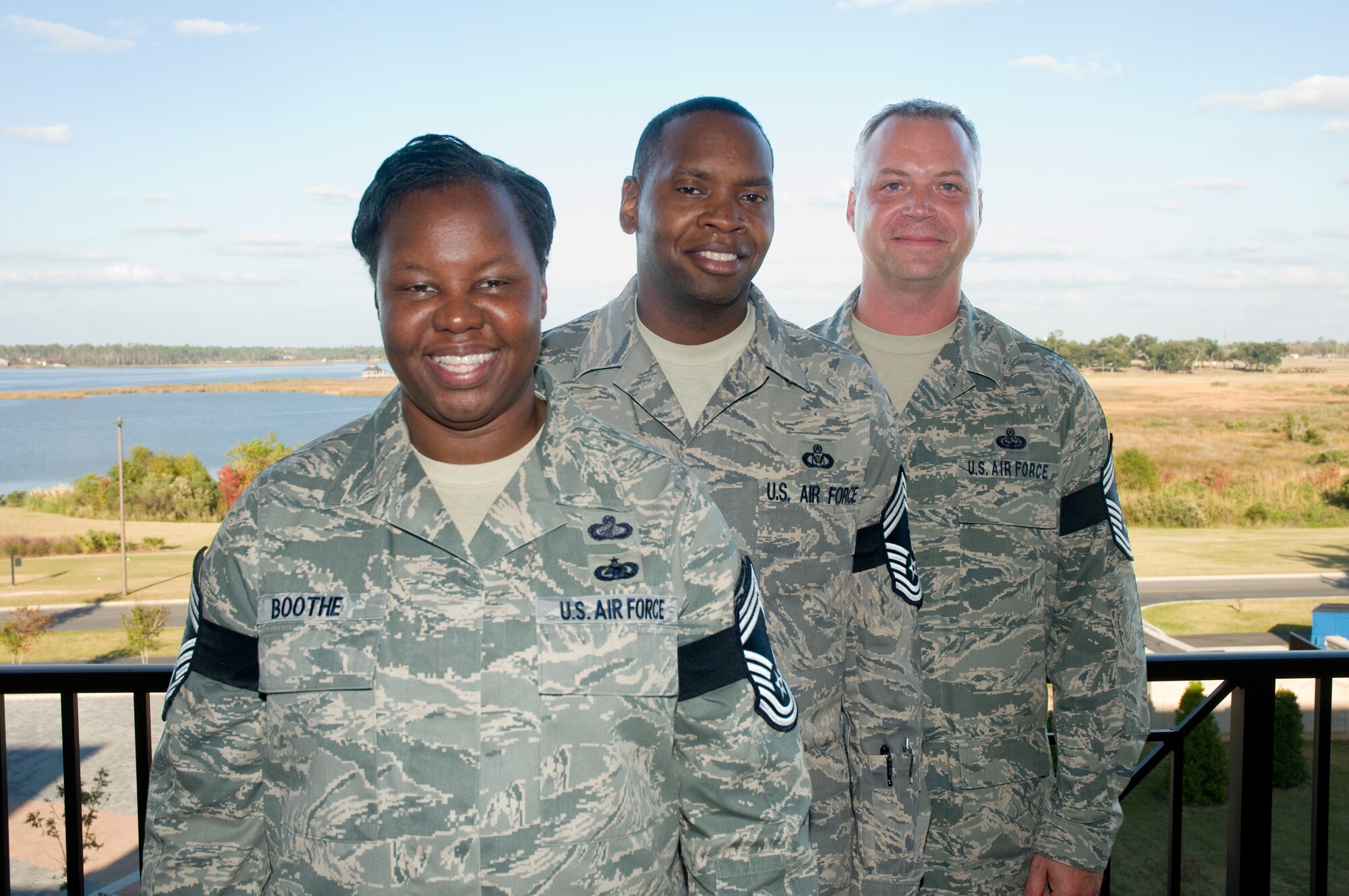 From left, Senior Master Sgts. Lisa Boothe, 81st Comptroller Squadron; Anthony Pearson, 334th Training Squadron, and Thomas Cimenski, 338th TRS, have been
selected for promotion to chief master sergeant. (U.S. Air Force photo by Adam Bond)