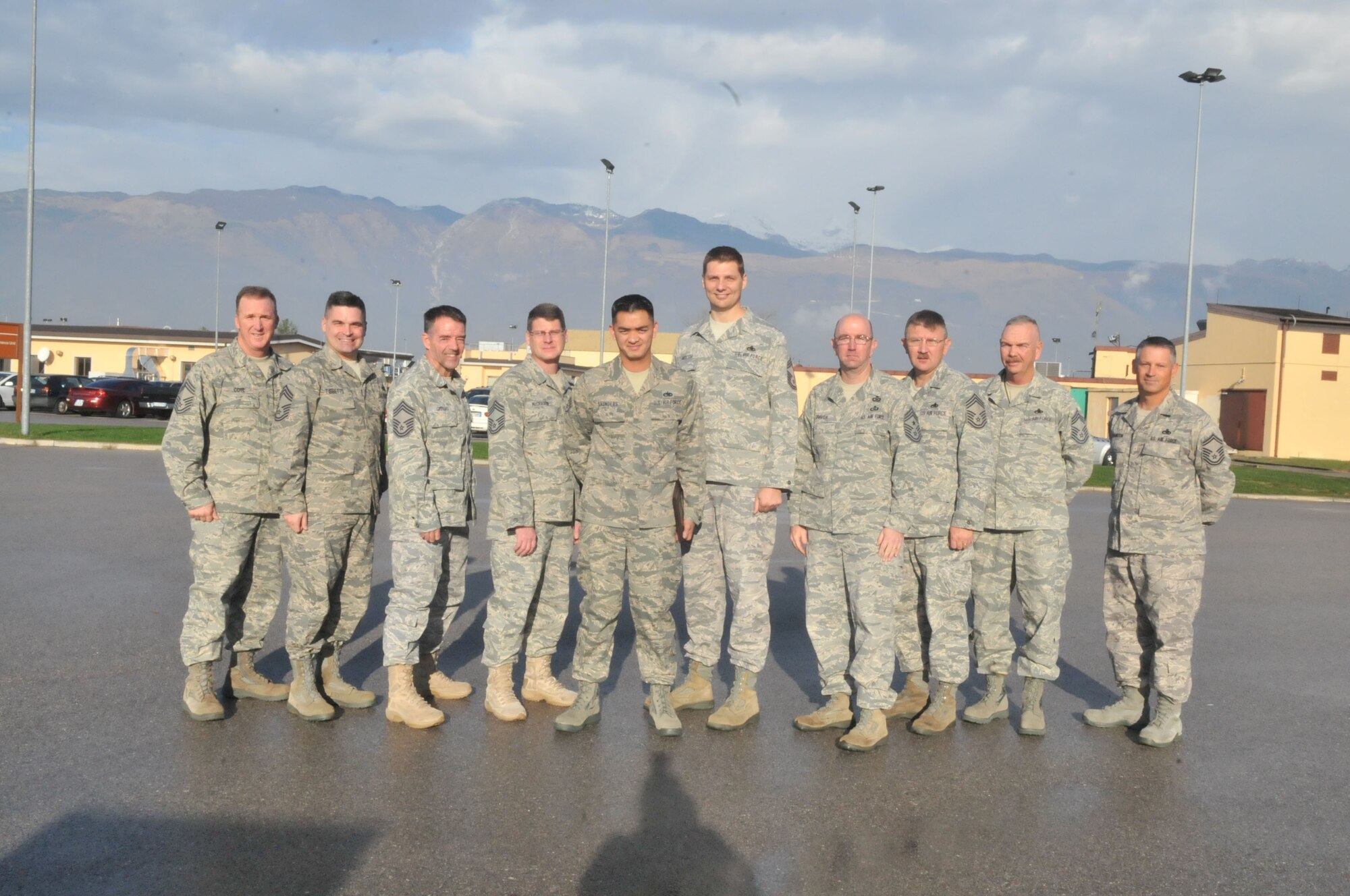 Staff Sgt. Jose Saunders, 555th Fighter Squadron, tactical aircraft maintenance specialist, receives the Aviano Chiefs' Choice Award from the Aviano's Chiefs' Group for Sept Nov 23. Aviano chiefs present the monthly Chief's Choice Award to an Airman who clearly exceeds Air Force Standards in the areas of dress and appearance, bearing, and exceptional behavior in performance of their duties and in relationships with others. (U.S. Air Force photo/Staff Sgt. Mercedeskimble L. Crossland)