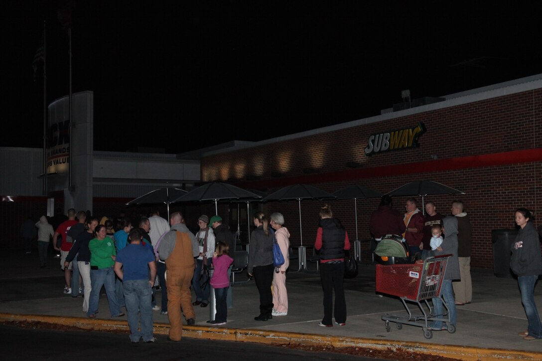 Service members and their family members lined up outside the Marine Corps Exchange at 5 a.m., Nov. 26, for the biggest shopping day of the year, Black Friday. The exchange started receiving deliveries of merchandise in October to ensure the shipments were in on time and the low prices could be locked in.