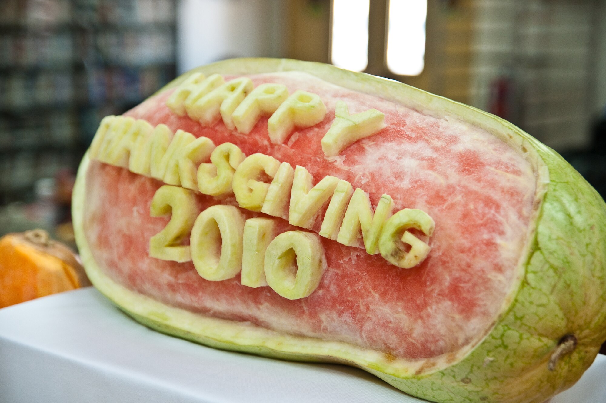 SOUTHWEST ASIA -- Soldiers, Sailors, Airmen and Marines stationed at two undisclosed air bases here took time off from their busy schedules Nov. 25, 2010, to enjoy the Thanksgiving holiday with special meals sponsored by the 387th Air Expeditionary Group and the 386th Air Expeditionary Wing. Both bases fall under the control of the 386th AEW, which operates the primary airlift hub for coalition forces in Iraq. (U.S. Air Force photo by Maj. Dale Greer/Released)