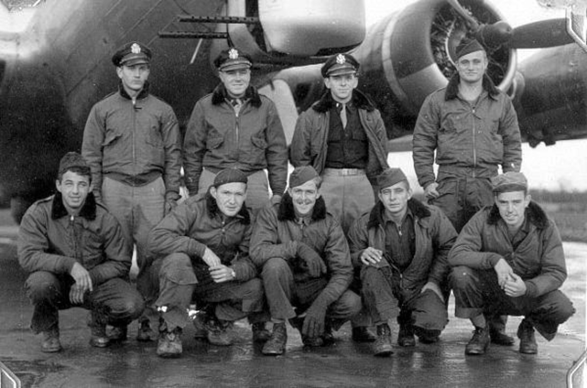 The 2nd Lt. George A. Kyle crew is shown November 28, 1944, 17 days before their B-17G crashed in the Cheviot Hills.  (Back L-R) Flight Officer Fred Holcombe (Navigator), Flight Officer James H. Hardy (Copilot)  2nd Lt, George A. Kyle (Pilot), Sgt. Ernest G. Schieferstein (Engineer) (Front L-R) Sgt. Howard F. Delaney (Tail Gunner), Sgt. Frank R. Turner (Togelier), Sgt. William R. Kaufmann (Waist Gunner), Sgt. George P. Smith (Ball Turret), and Sgt. Joel A. Berly, Jr. (Radio).  Photo courtesy of 303rd Bomb Group Association.