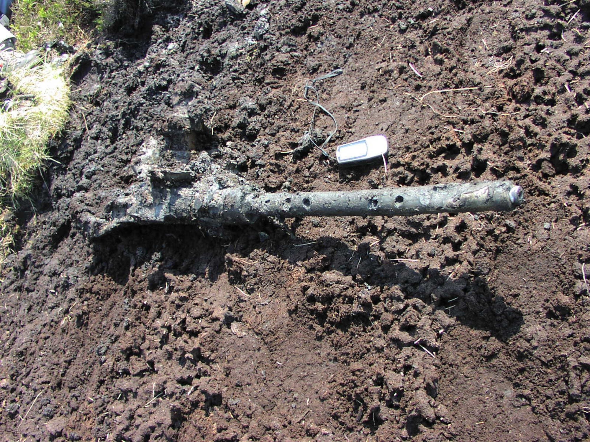 Shown as found in a peat bog in the Cheviot Hills in Northeastern England in 2008 sixty four years after the crash of the B-17G which it defended. This .50 caliber machine gun was returned to RAF Molesworth on 9 November where it will be prepared for display in the base’s Enlisted Heritage Room. Photo courtesy of Kevin and Carole Ryder.