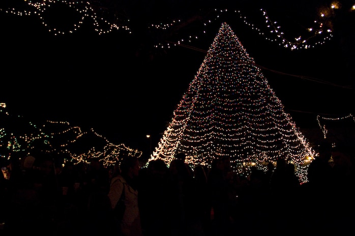 A tree is lit for the service members, family and friends to enjoy during the tree lighting ceremony, Marine Corps Air Station Iwakuni, Japan, November 27, 2010. Service Members and family aboard the air station gather to celebrate the annual Tree Lighting Ceremony to bring in the holiday season to the air station. (U.S. Marine Corps photo by Cpl. Andrea M. Olguin/Released)