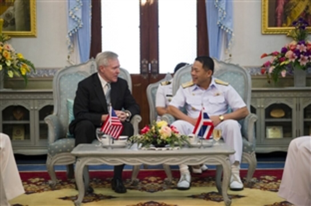 Navy Secretary Ray Mabus, left, visits with Adm. Supakorn Buranadilok, commander of the Royal Thai Navy, in Bangkok, Thailand, Nov. 22, 2010. 
