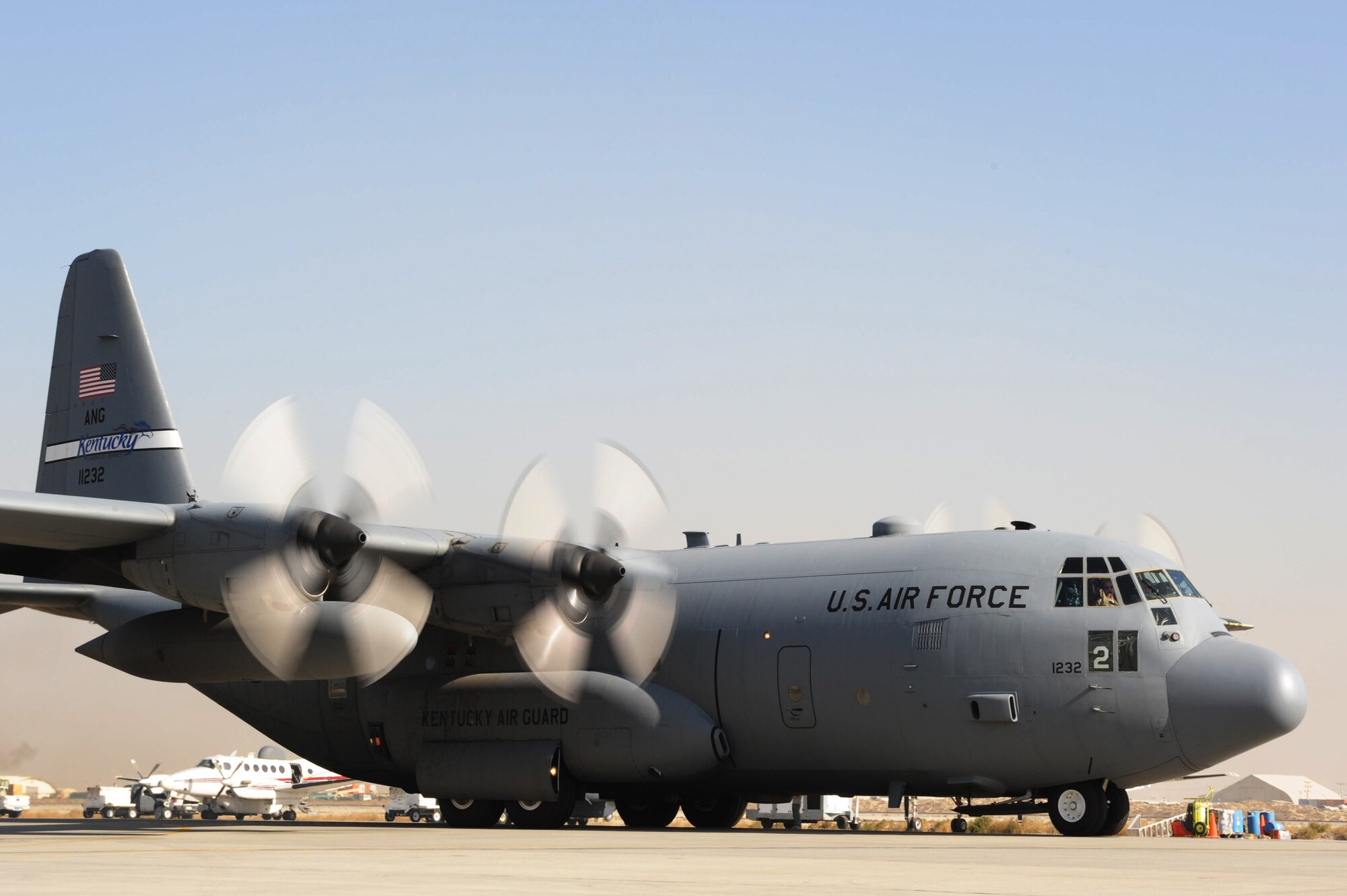 A C-130 assigned to the Kentucky Air National Guard taxis to the runway at Bagram Airfield, Afghanistan, November 29, 2010. (U.S. Air Force photo/Staff Sgt. Christopher Boitz)